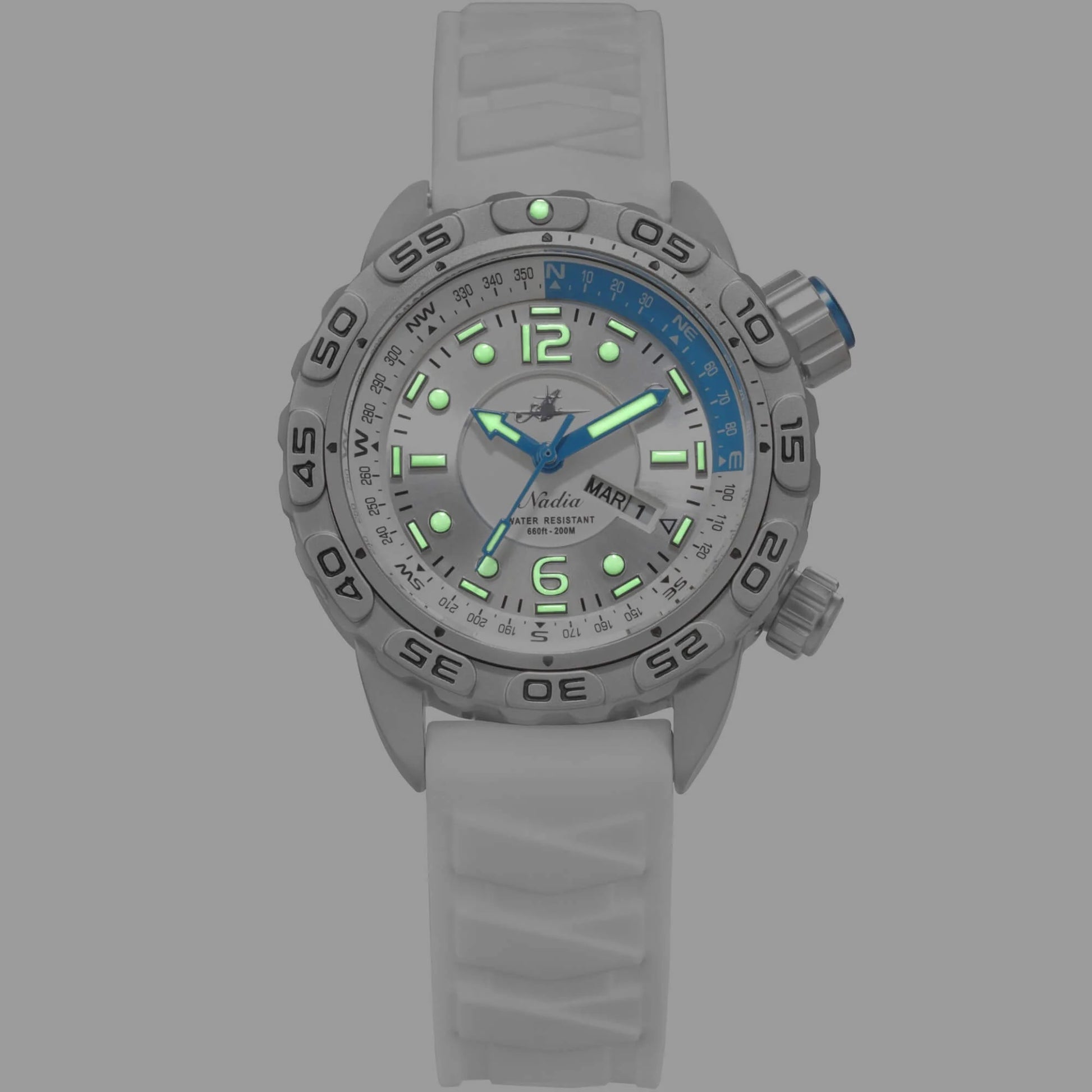 Nadia Whitewater Automatic Dive Watch with White Silicone Strap and Glowing Super‑Luminova Hands and Markers in Low Light
