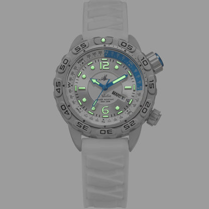 Nadia Whitewater Automatic Dive Watch with White Silicone Strap and Glowing Super‑Luminova Hands and Markers in Low Light