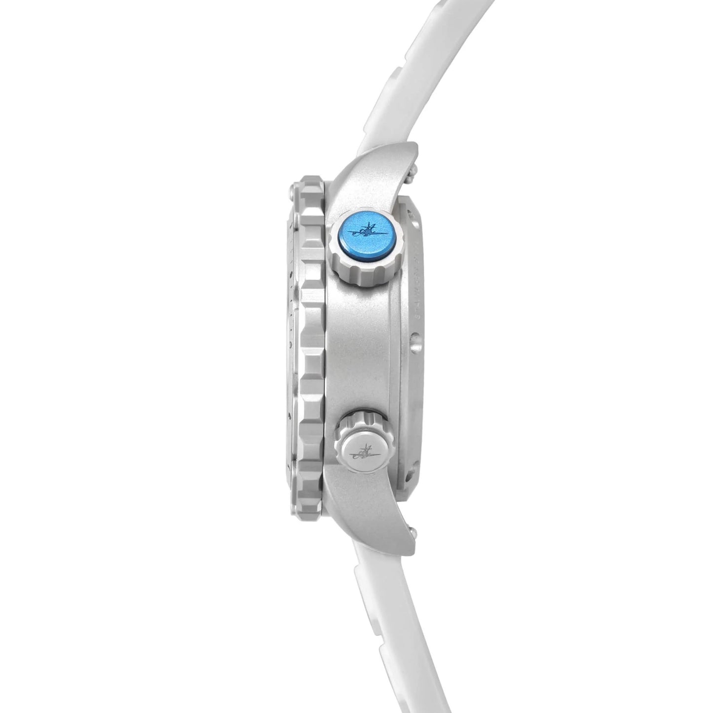Side Profile of Nadia Whitewater Automatic Dive Watch Showing Dual Screw‑Down Crowns with Blue Accent and Textured Bezel