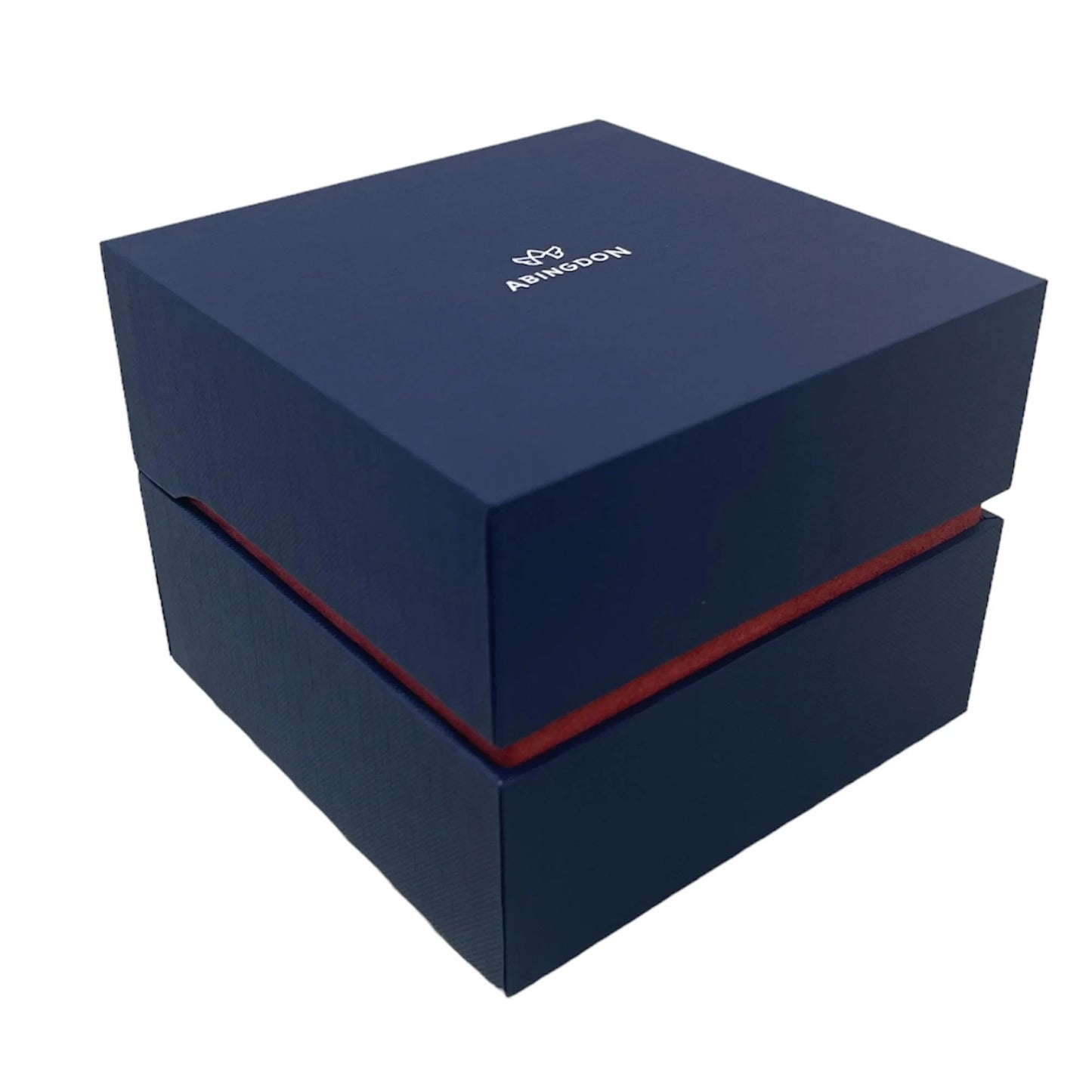 Abingdon Co. Signature Navy Blue Watch Gift Box with Red Accent Band and White Logo on Lid