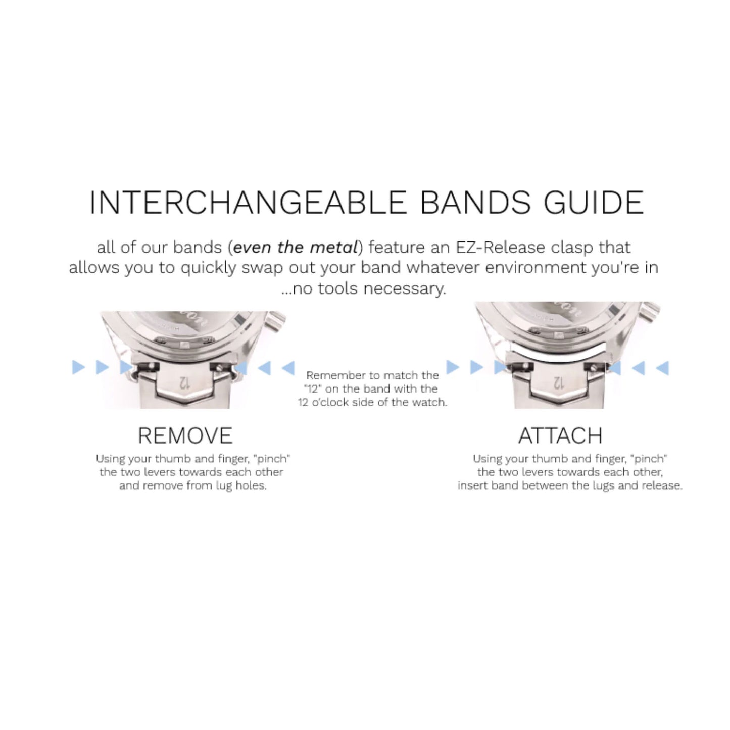Abingdon interchangeable band guide showing how to remove and attach watch straps using EZ-Release clasp—no tools needed