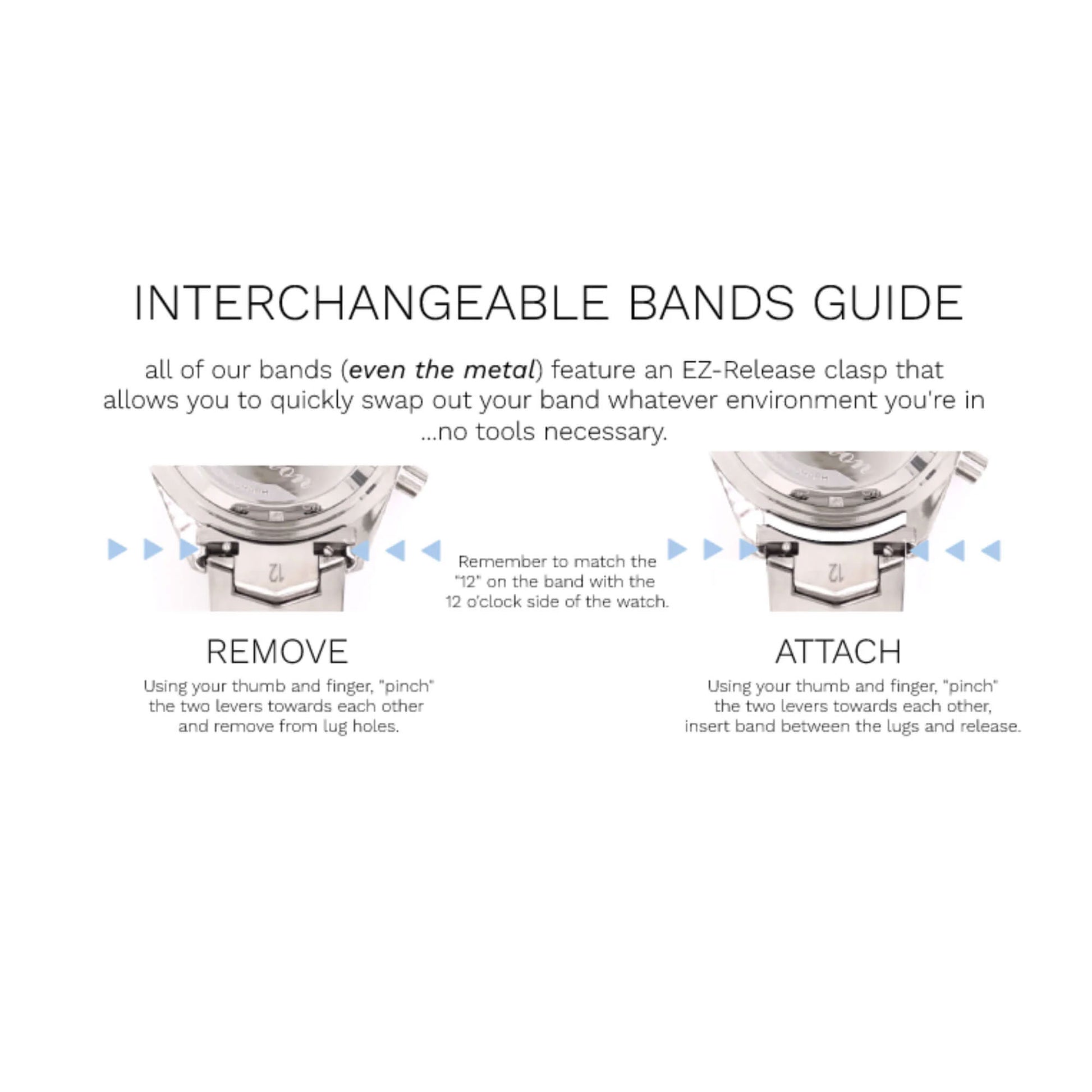 Abingdon interchangeable band guide showing how to remove and attach watch straps using EZ-Release clasp—no tools needed