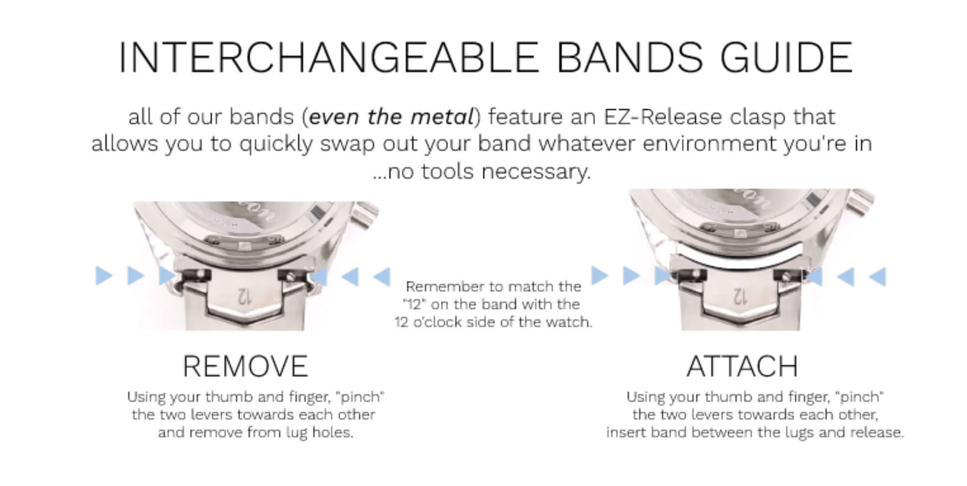 Abingdon interchangeable band guide showing how to remove and attach EZ-Release metal watch straps without tools