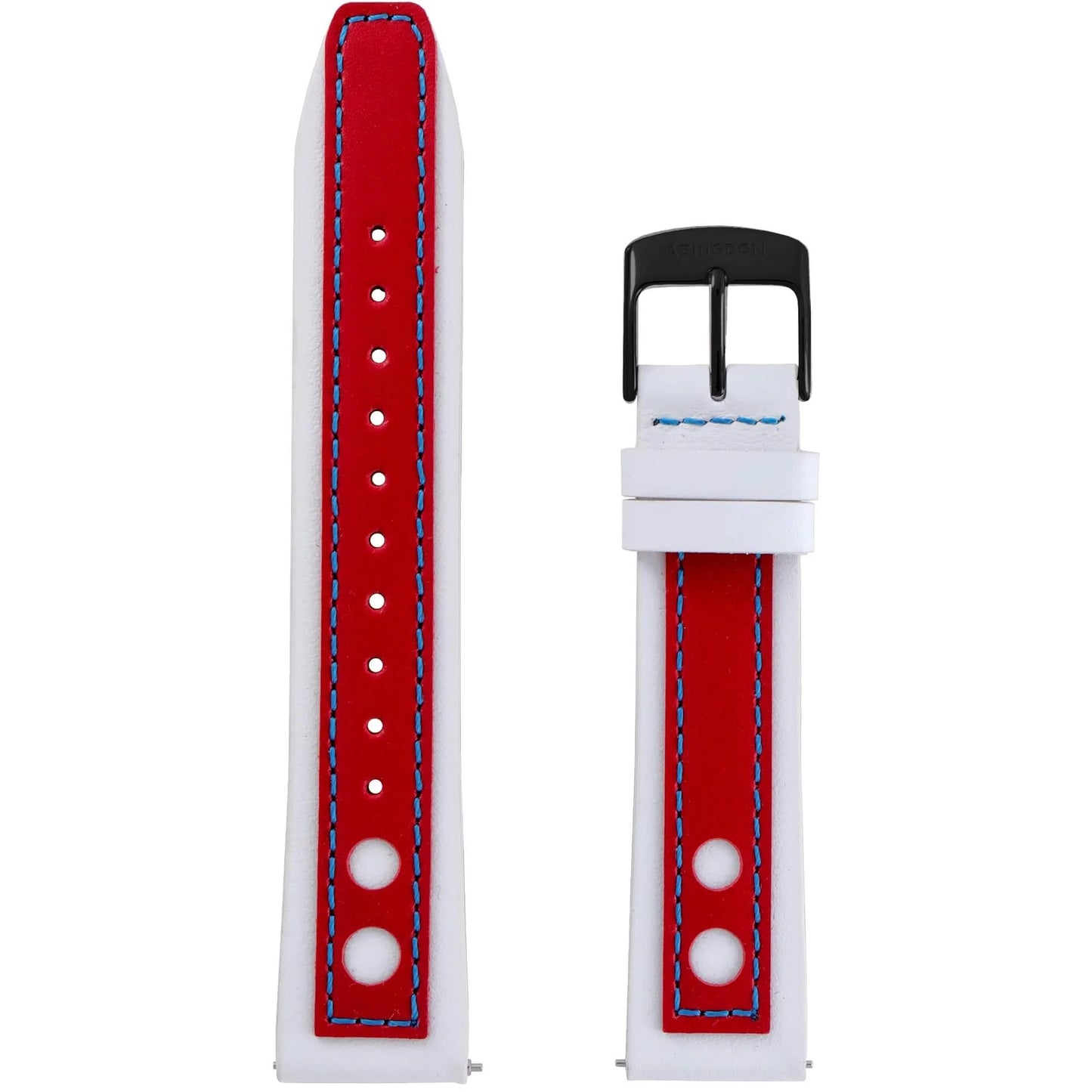 Abingdon 20mm Racing Leather Watch Band in Red and White with Blue Stitching and Black Buckle