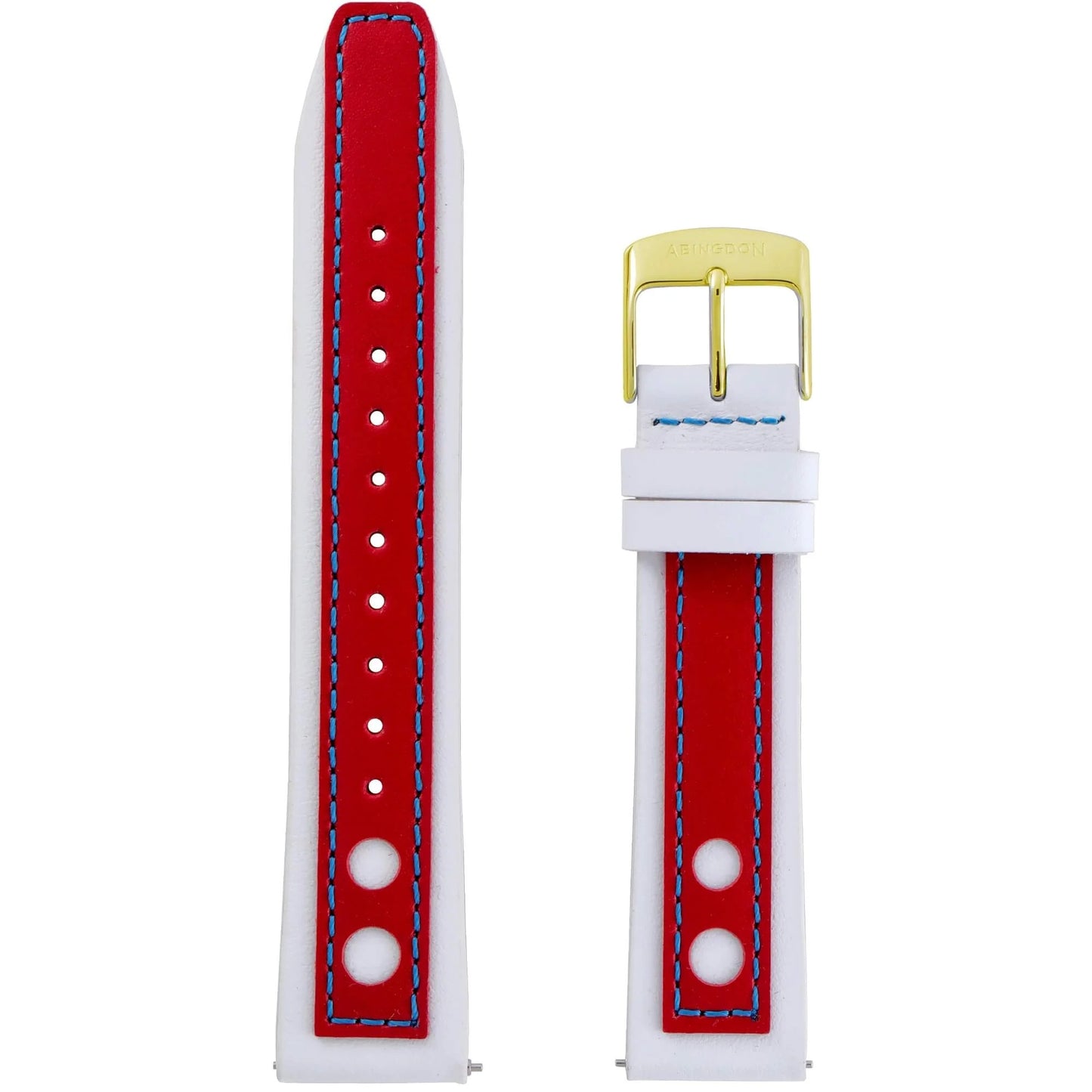 Abingdon 20mm Racing Leather Watch Band in Red and White with Blue Stitching and Gold Buckle