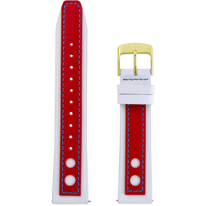 Abingdon 20mm Racing Leather Watch Band in Red and White with Blue Stitching and Gold Buckle