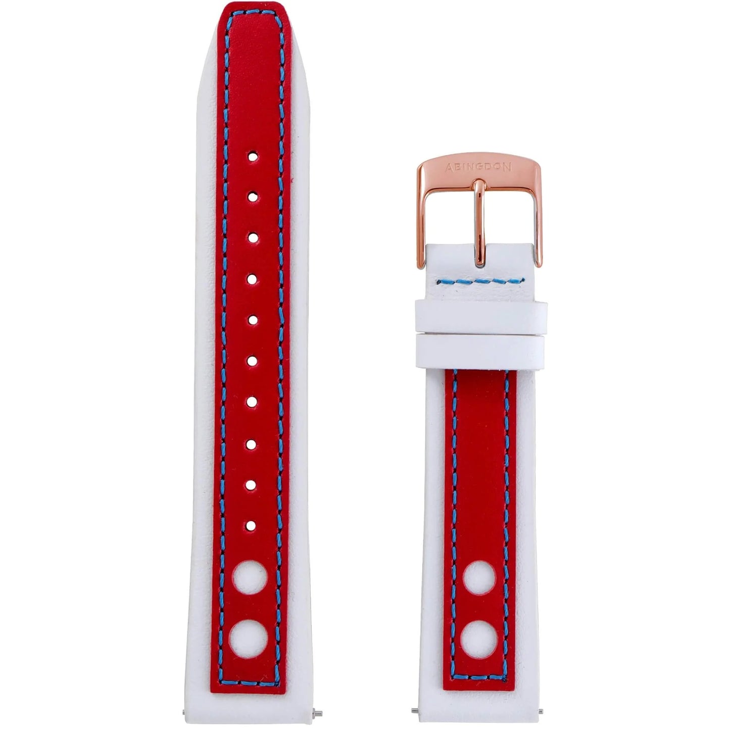 Abingdon 20mm Racing Leather Watch Band in Red and White with Blue Stitching and Rose Gold Buckle