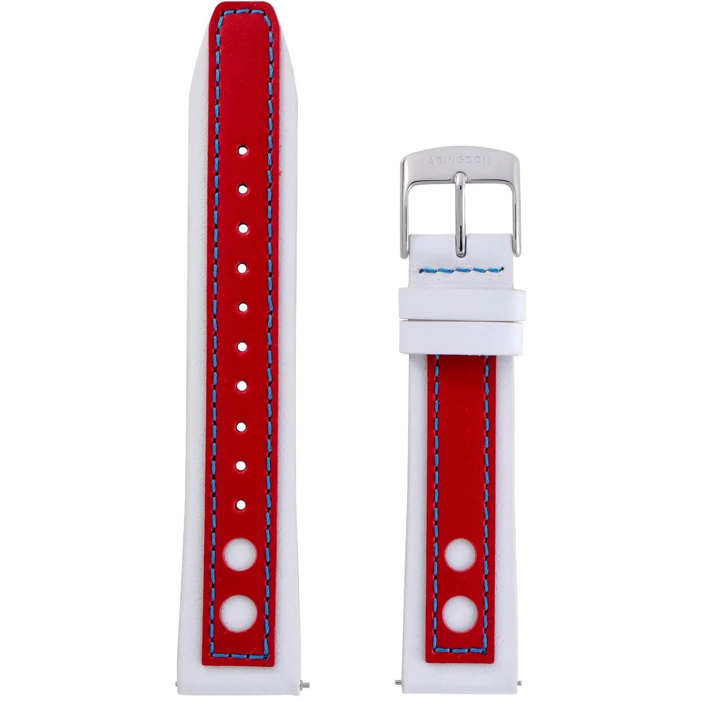 Abingdon 20mm Racing Leather Watch Band in Red and White with Blue Stitching and Silver Buckle