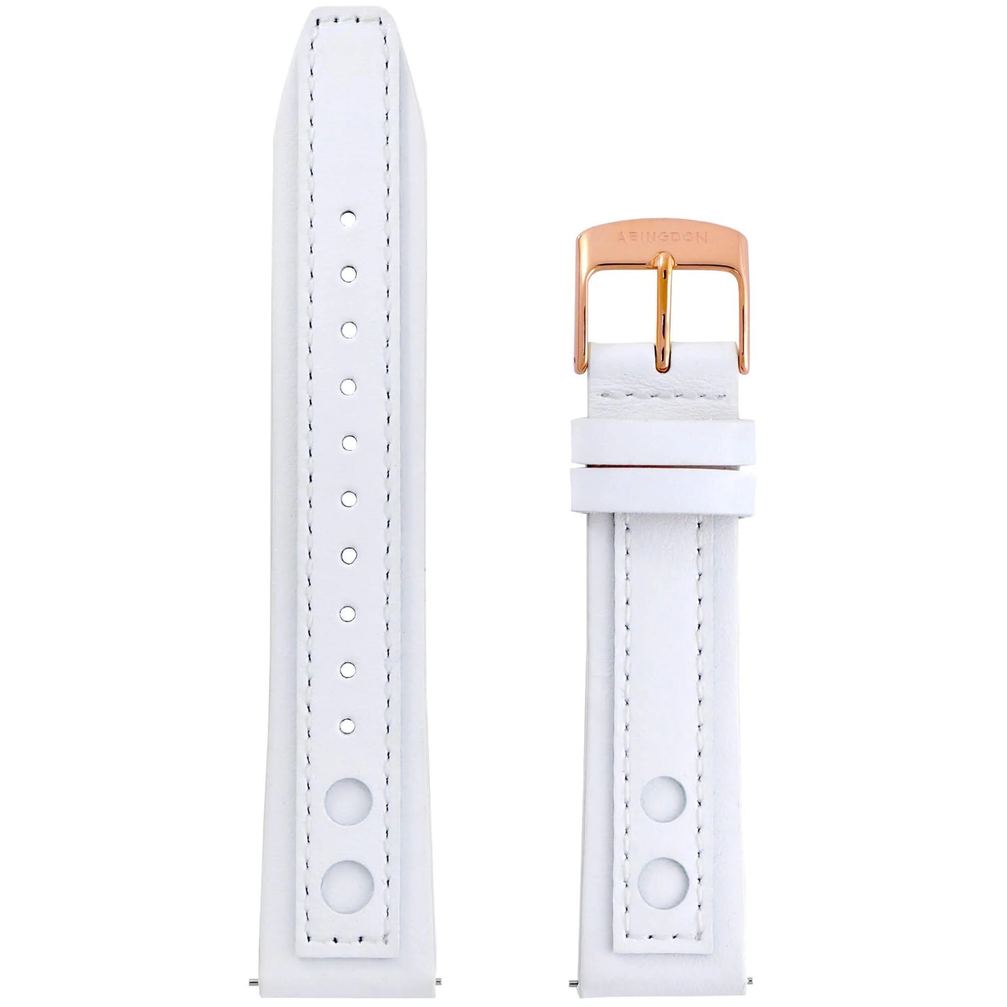 Abingdon 20mm Racing Leather Watch Band in Solid White with Perforated Tip and Rose Gold Buckle