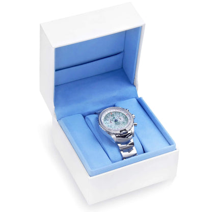 Jackie Women’s Pilot Watch with Seaplane Green Mother-of-Pearl Dial and Stainless Steel Band in Display Box – Side Angle