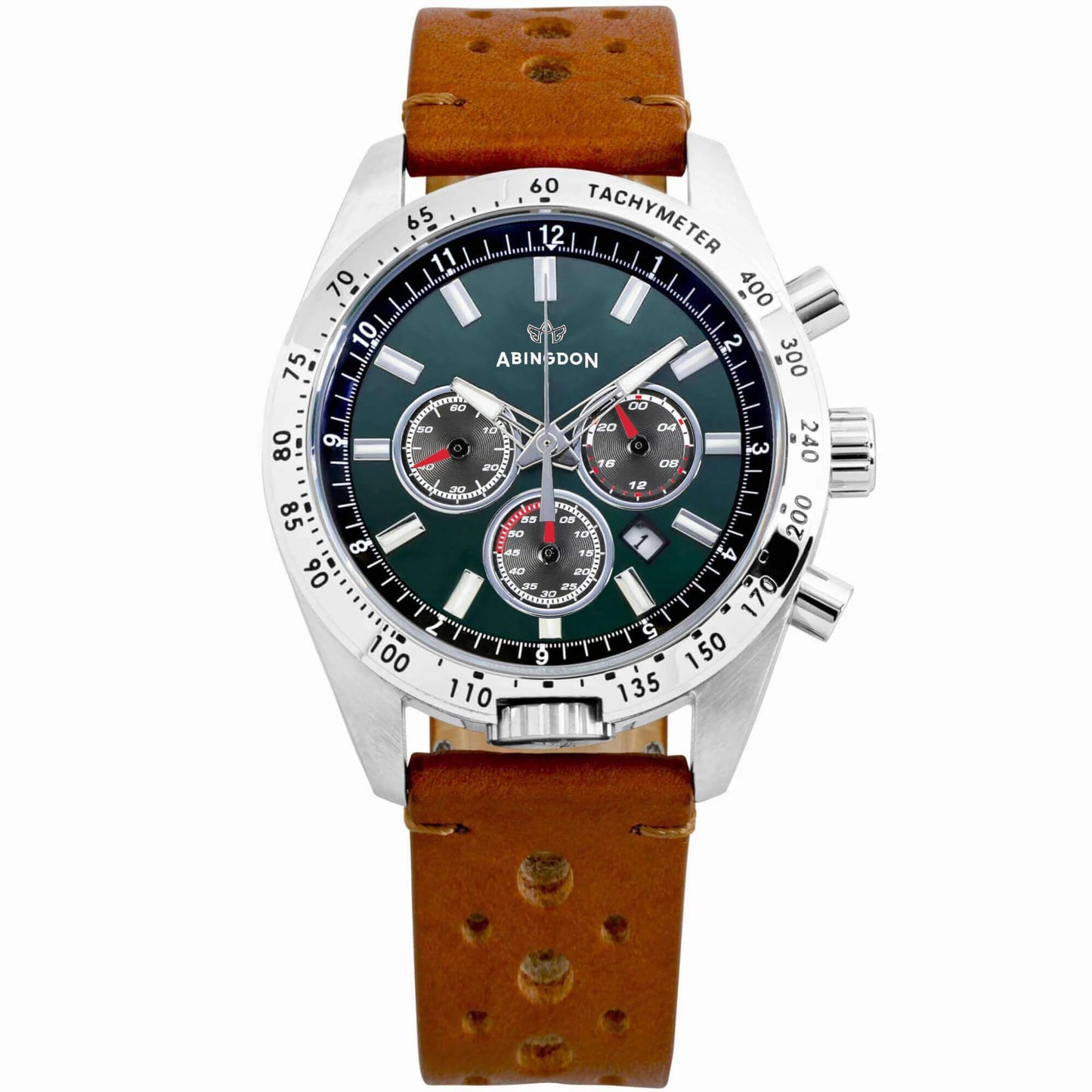 Jordan Women’s Pilot Watch with British Racing Green Dial, Tan Leather Band, Chronograph Stopwatch, and Silver Tachymeter Bezel