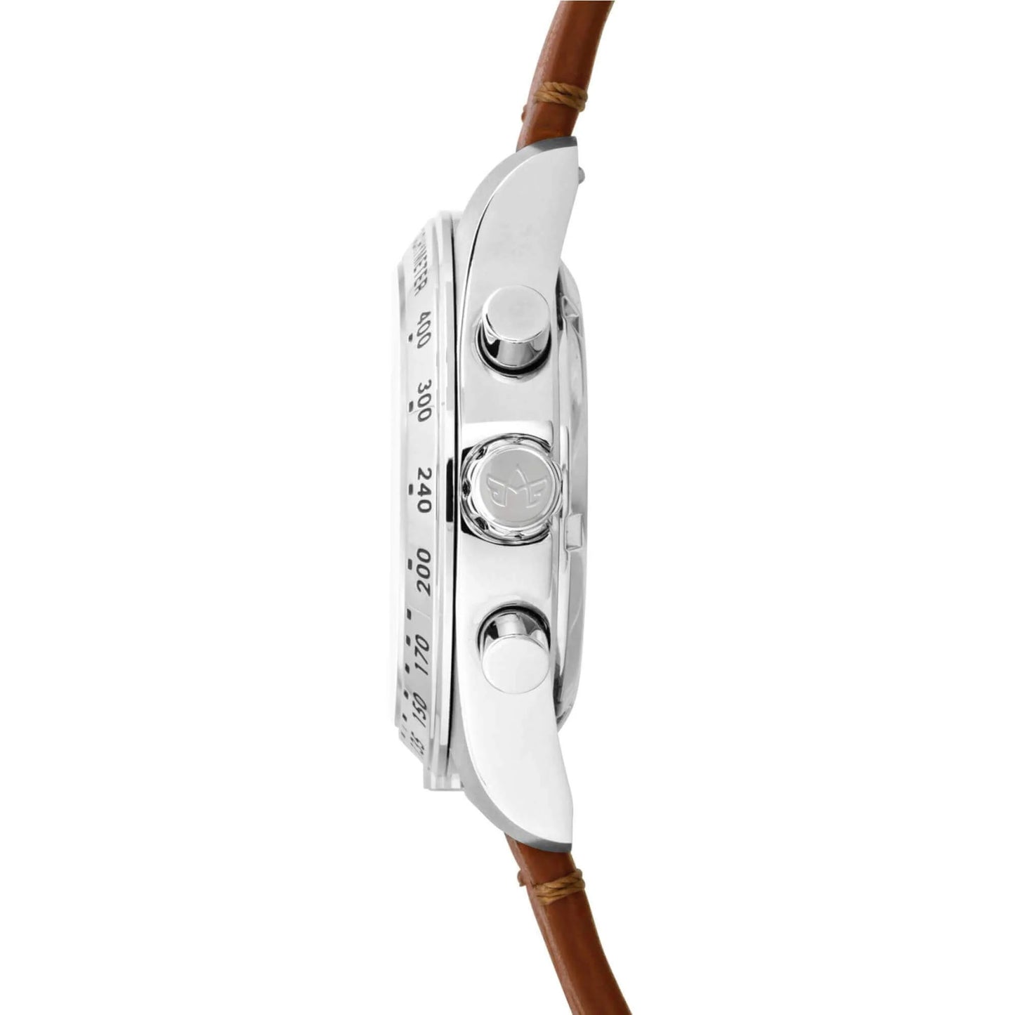 Side Profile of Jordan Women’s Pilot Watch with British Racing Green Dial, Silver Stainless Steel Case, and Tan Leather Strap