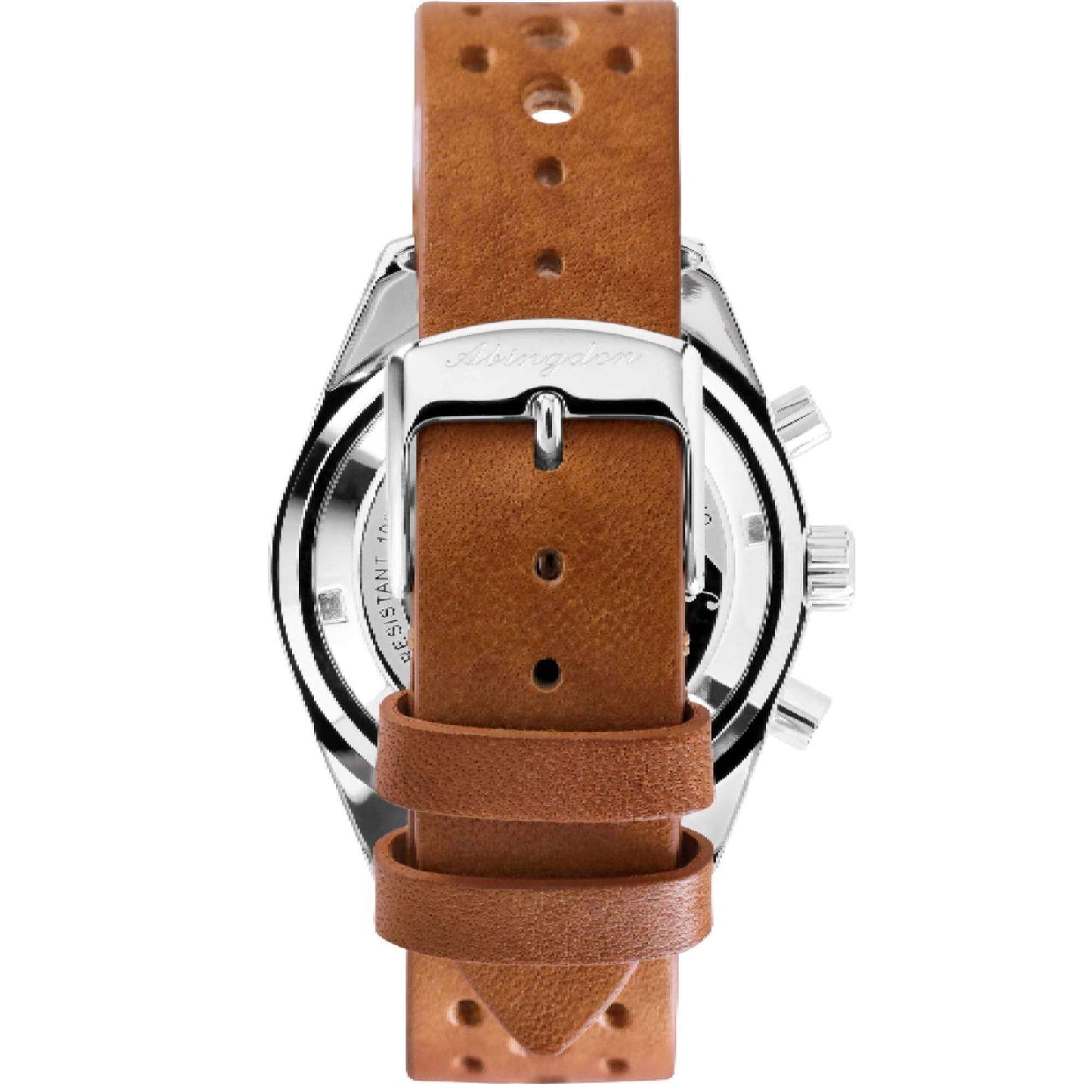 Back View of Jordan British Racing Green Women’s Pilot Watch with Tan Leather Strap, Stainless Steel Buckle, and Engraved Abingdon Logo