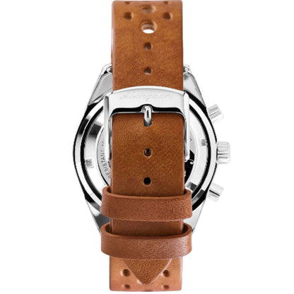 Back View of Jordan British Racing Green Women’s Pilot Watch with Tan Leather Strap, Stainless Steel Buckle, and Engraved Abingdon Logo