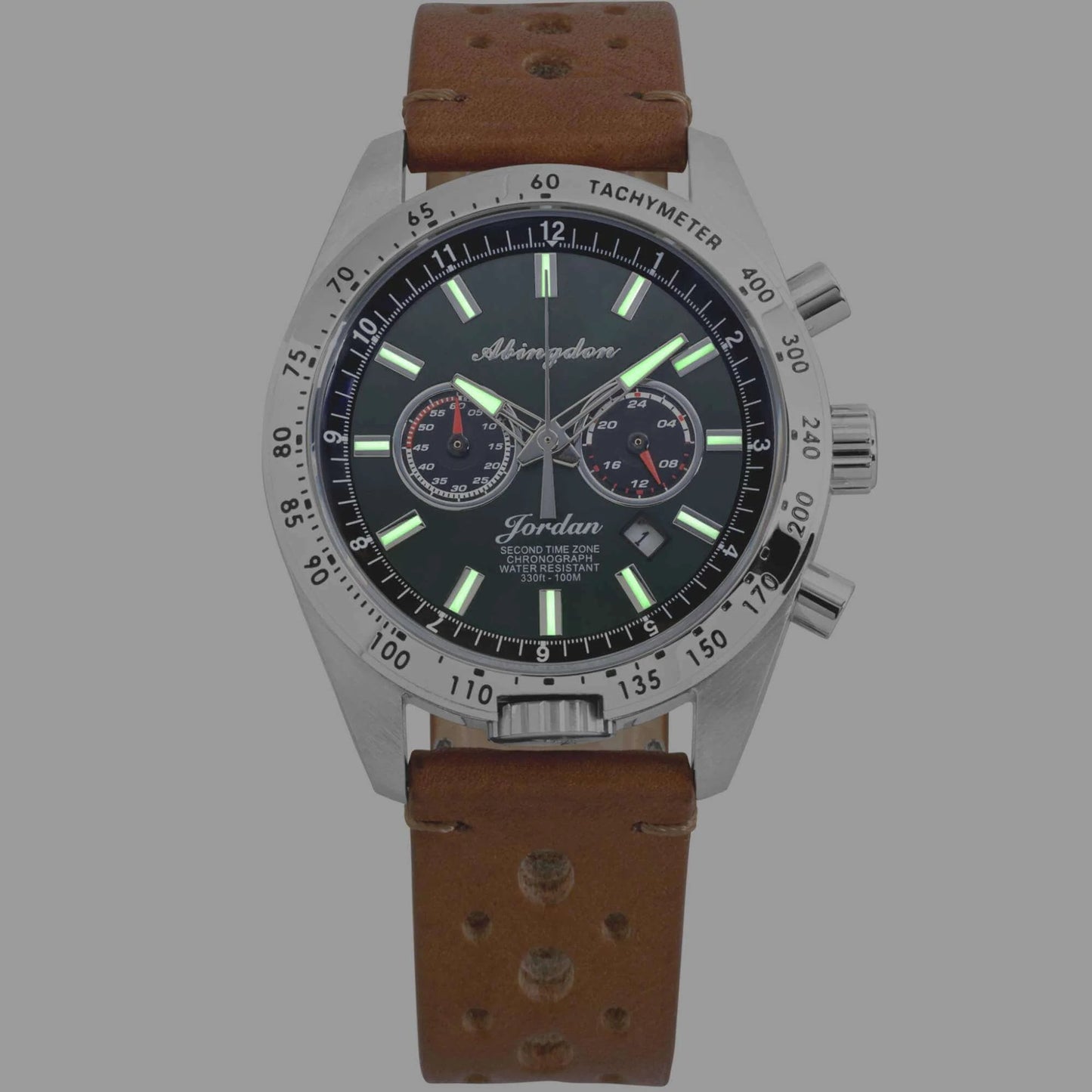 Jordan Women’s Pilot Watch with British Racing Green Dial and Tan Leather Strap, Shown Glowing with Super-Luminova Hands and Hour Markers