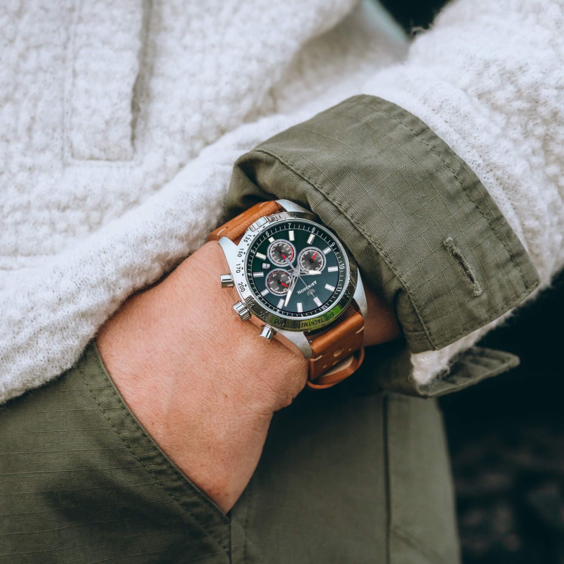 Jordan Women’s Pilot Watch with British Racing Green Dial and Tan Leather Band, Shown on Wrist with Chronograph and Tachymeter Bezel