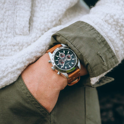 Jordan Women’s Pilot Watch with British Racing Green Dial and Tan Leather Band, Shown on Wrist with Chronograph and Tachymeter Bezel