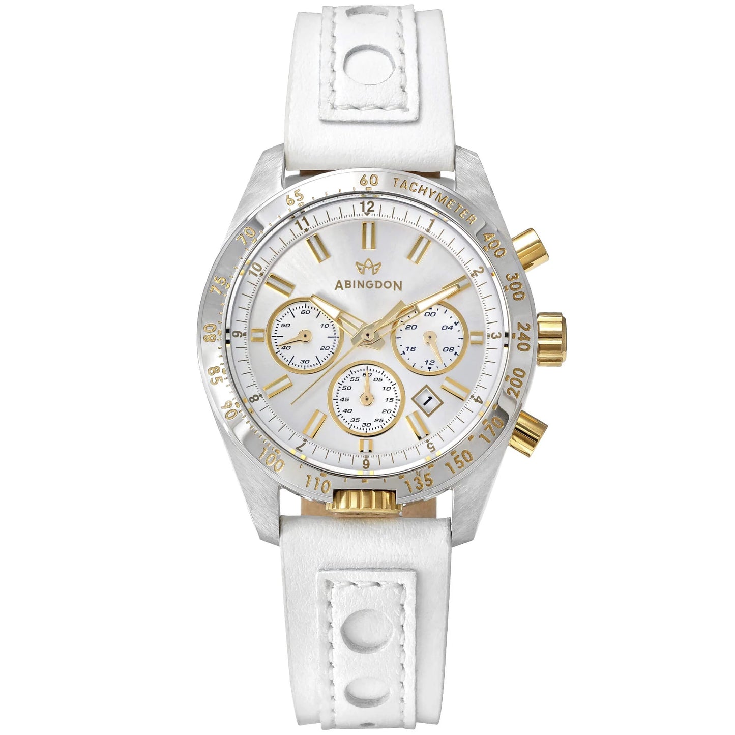 Jordan Women’s Pilot Watch with Champagne Dial, Gold Accents, White Leather Band, Chronograph Subdials, and Silver Tachymeter Bezel
