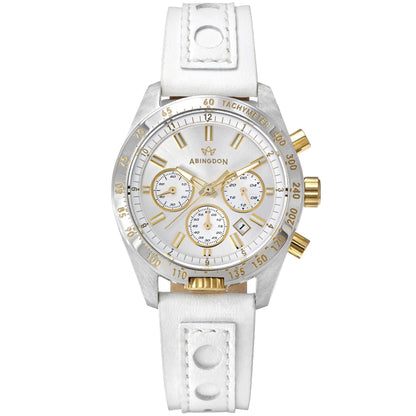 Jordan Women’s Pilot Watch with Champagne Dial, Gold Accents, White Leather Band, Chronograph Subdials, and Silver Tachymeter Bezel
