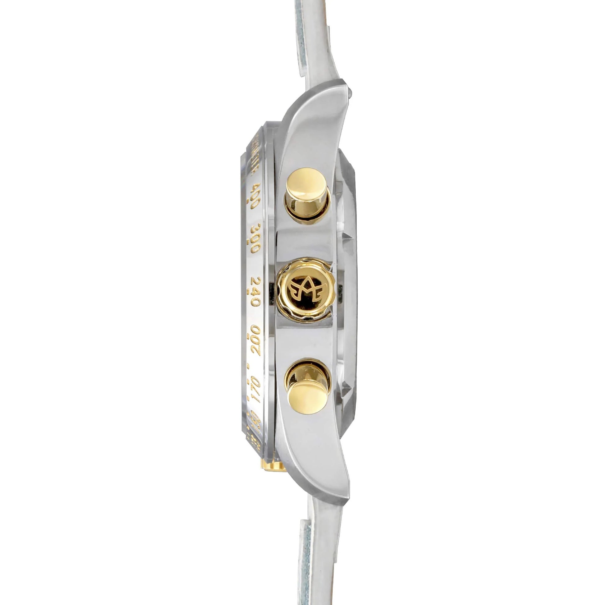 Side Profile of Jordan Women’s Pilot Watch with Champagne Dial, Silver Case, Gold Pushers and Crown, and White Leather Strap