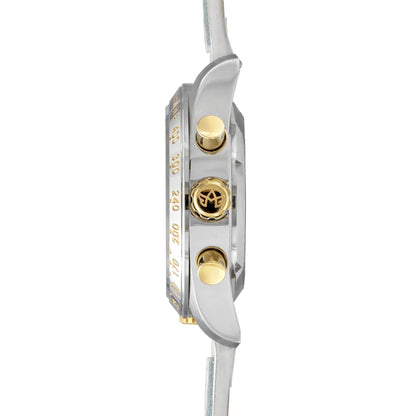 Side Profile of Jordan Women’s Pilot Watch with Champagne Dial, Silver Case, Gold Pushers and Crown, and White Leather Strap