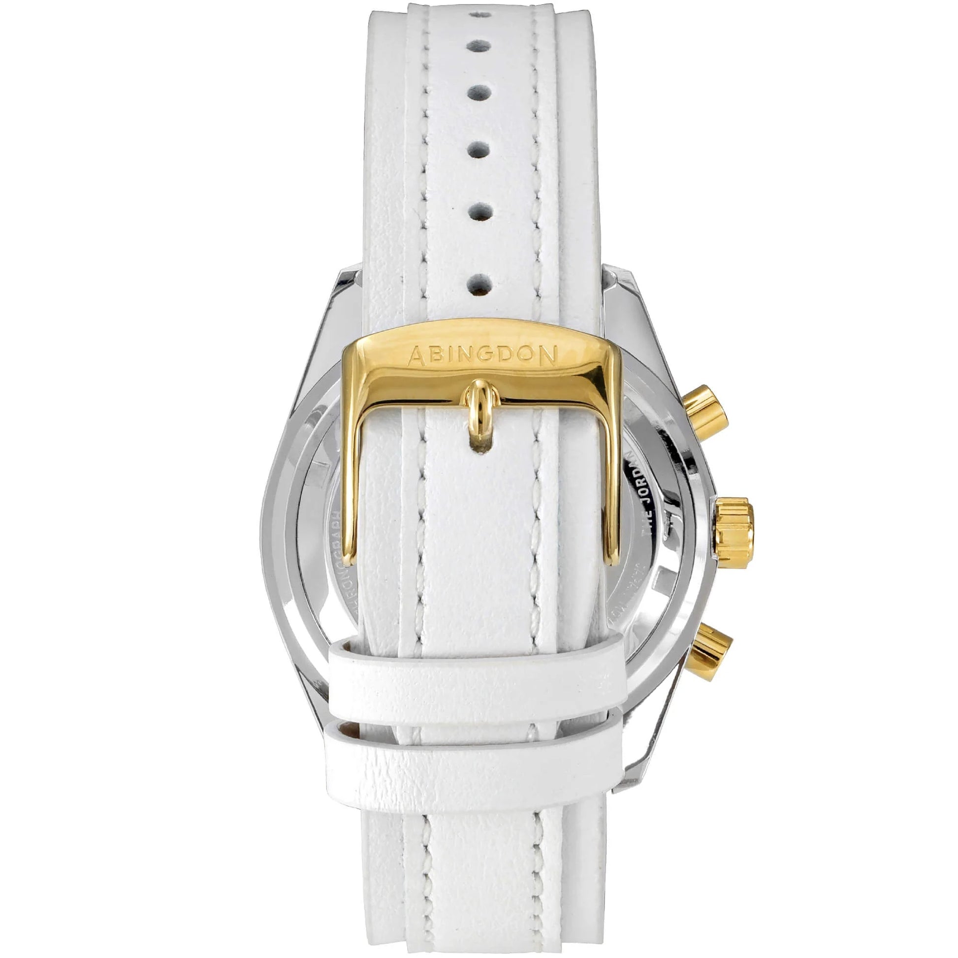 Back View of Jordan Women’s Pilot Watch with White Leather Strap, Gold Buckle Clasp Engraved with Abingdon Logo, and Champagne Accented Case