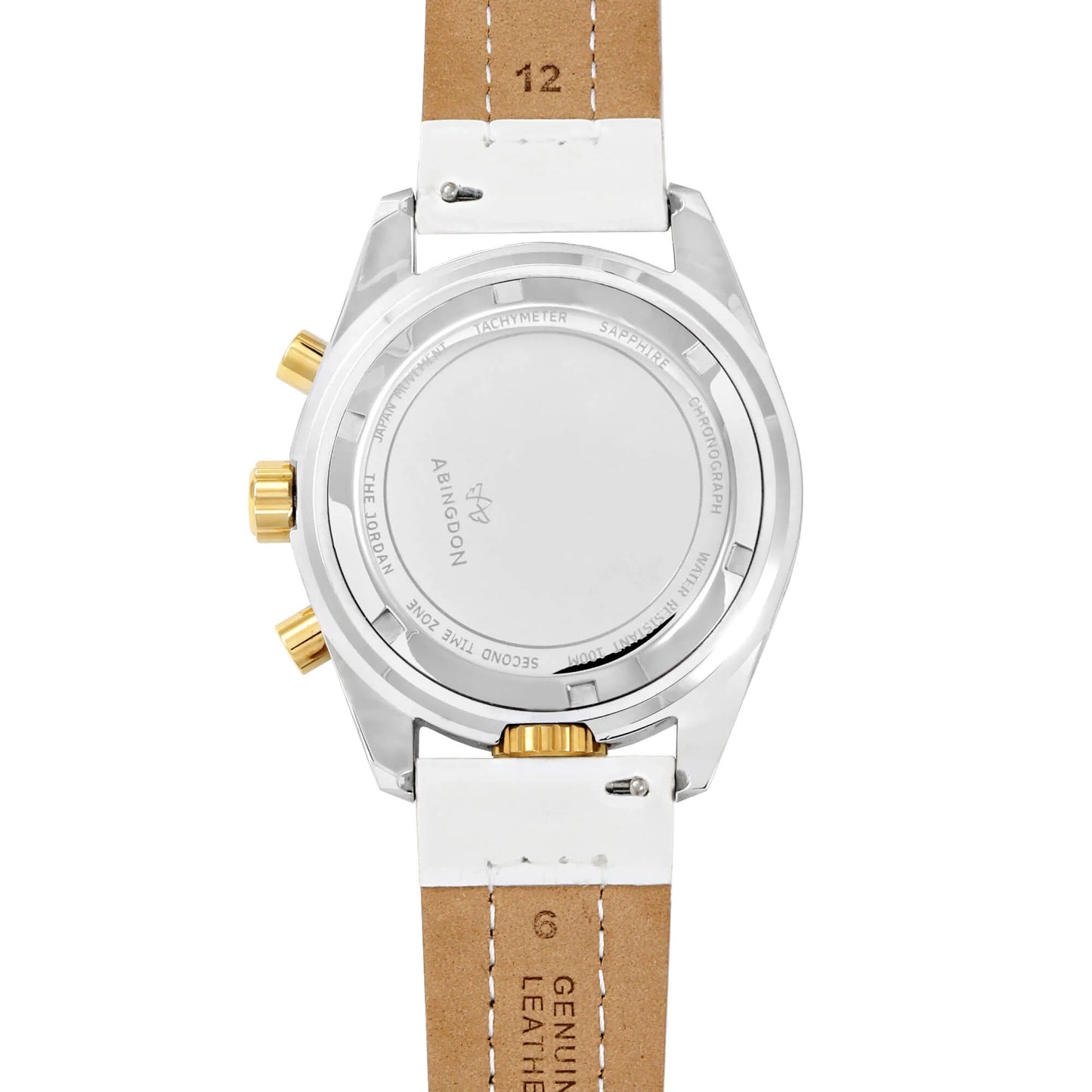 Caseback of Jordan Women’s Pilot Watch with Stainless Steel Back, Gold Crown, and White Genuine Leather Strap