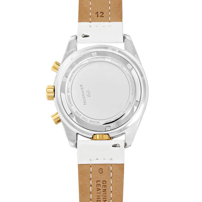 Caseback of Jordan Women’s Pilot Watch with Stainless Steel Back, Gold Crown, and White Genuine Leather Strap