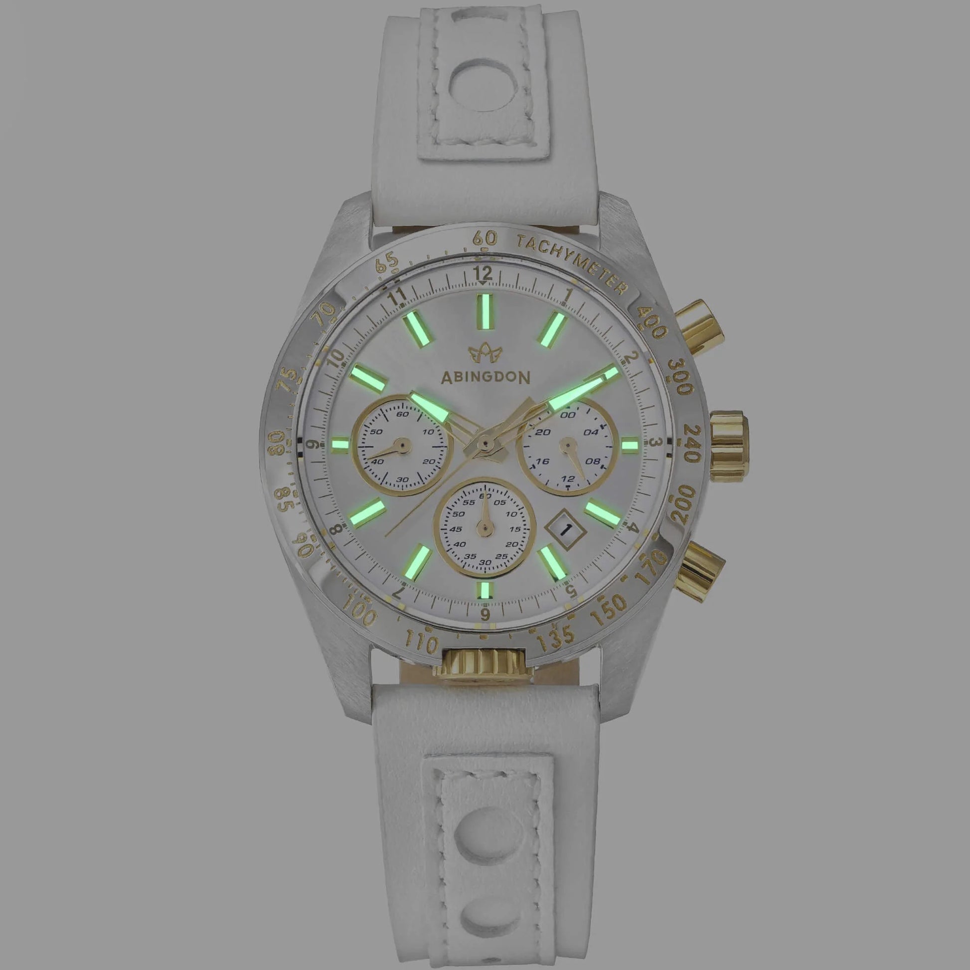 Jordan Women’s Pilot Watch with Champagne Dial and White Leather Band, Shown Illuminated with Super-Luminova Hands and Hour Markers