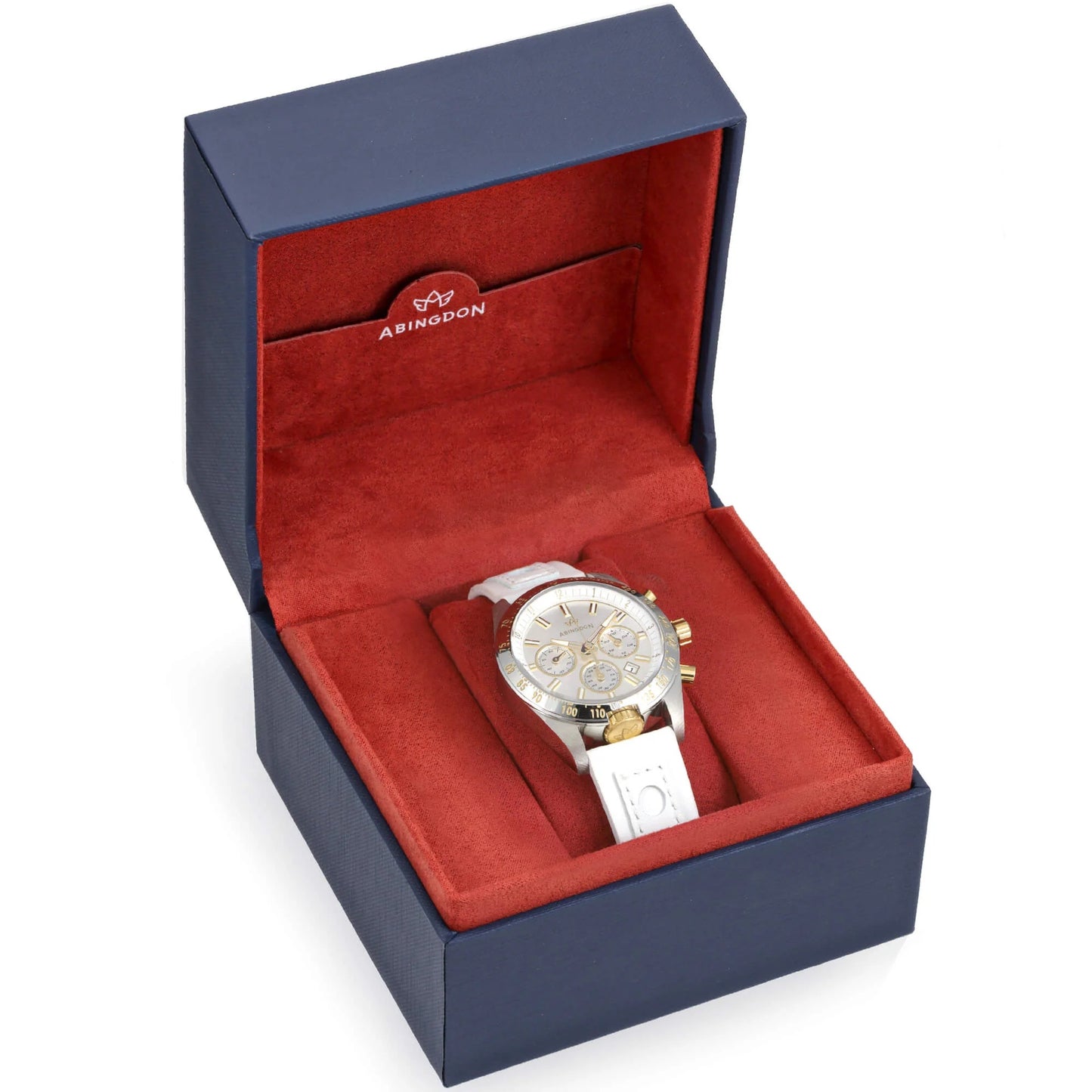 Jordan Women’s Pilot Watch with Champagne Dial and White Leather Band, Presented in Abingdon Co. Navy Blue and Red Display Gift Box