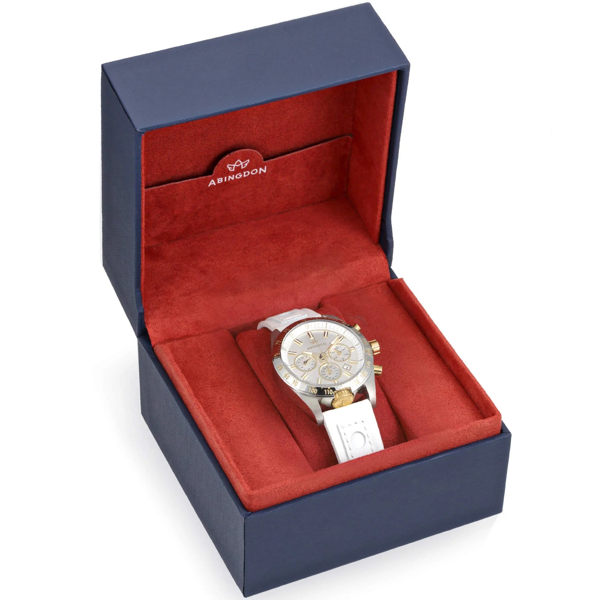 Jordan Women’s Pilot Watch with Champagne Dial and White Leather Band, Presented in Abingdon Co. Navy Blue and Red Display Gift Box