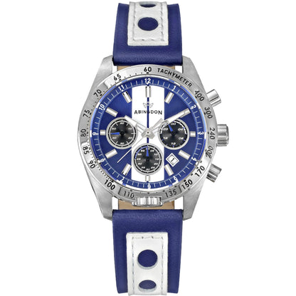 Jordan Women’s Pilot Watch with Cobra Blue Dial, White Racing Stripe, Blue and White Leather Band, Chronograph Subdials, and Silver Tachymeter Bezel
