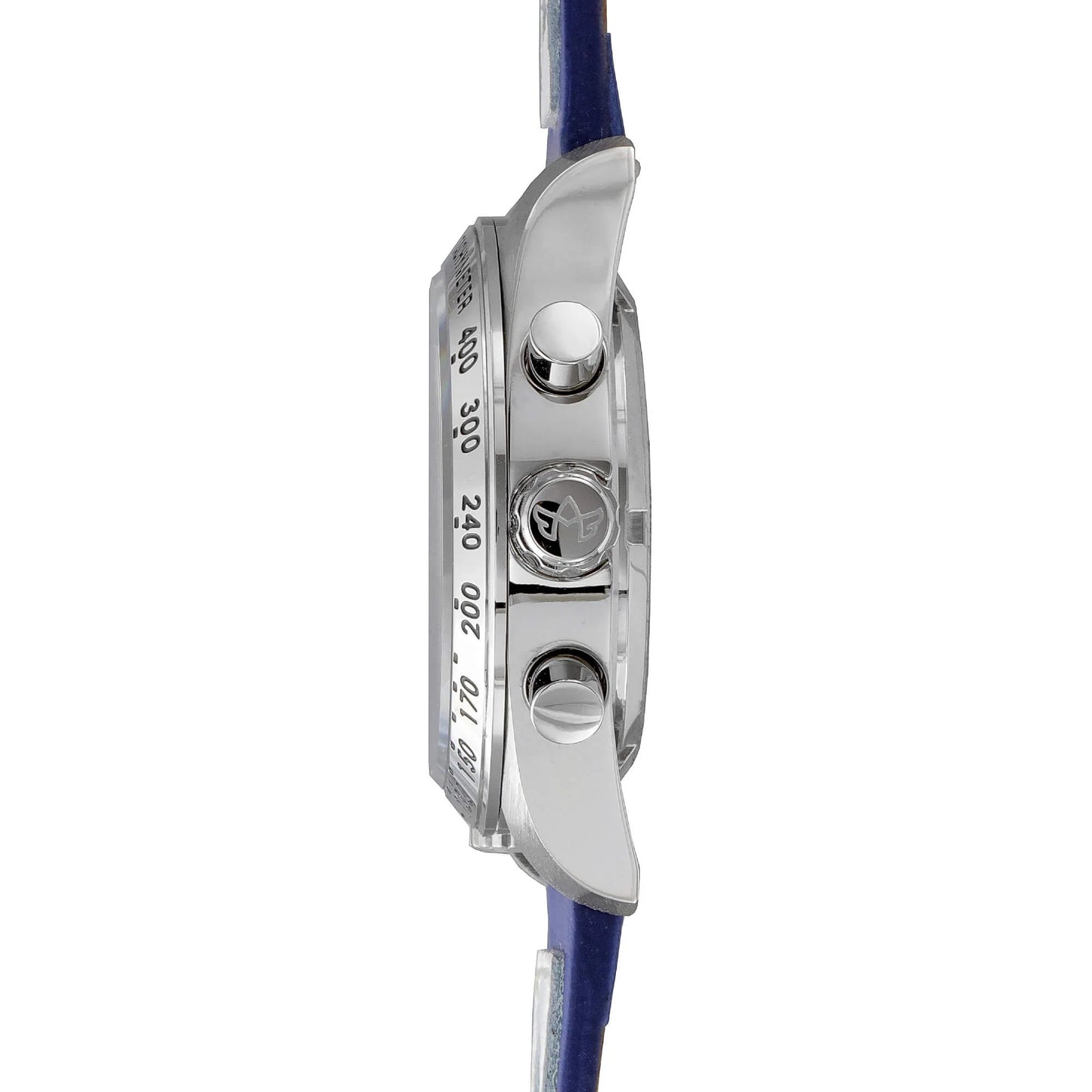 Side Profile of Jordan Women’s Pilot Watch with Cobra Blue Dial, Silver Stainless Steel Case, Chronograph Pushers, and Blue Leather Strap