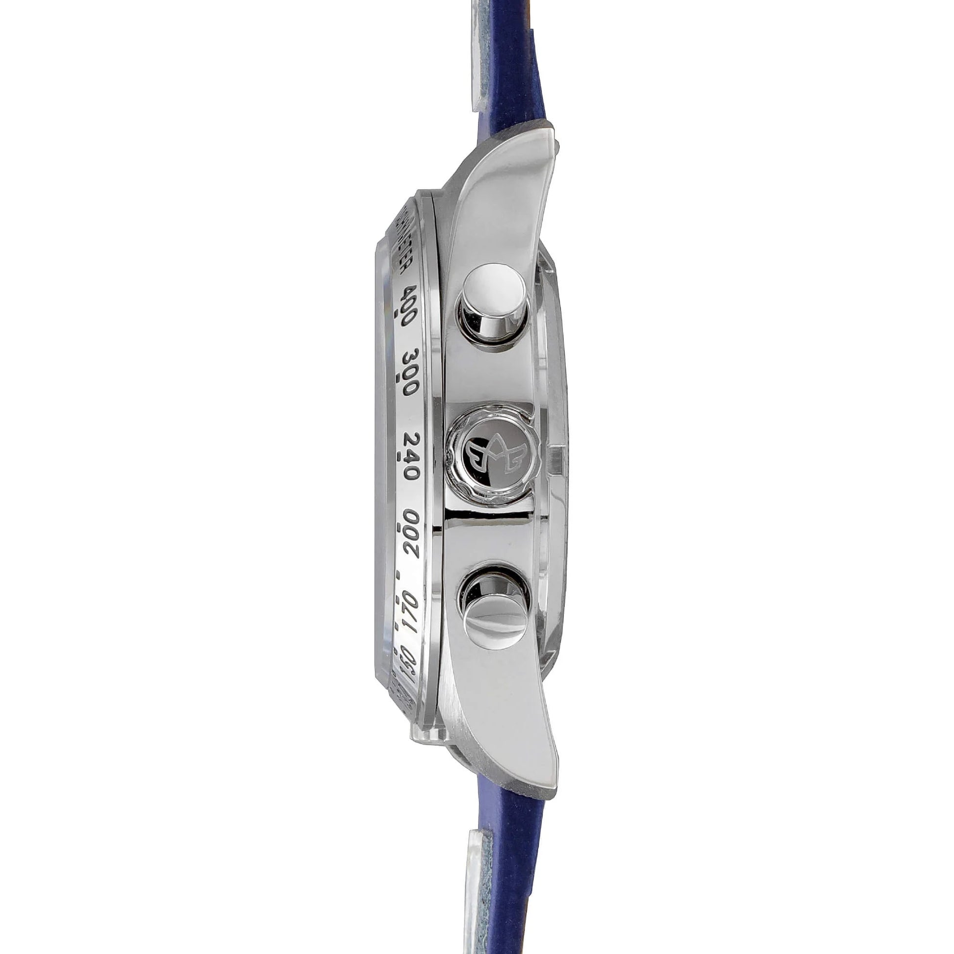 Side Profile of Jordan Women’s Pilot Watch with Cobra Blue Dial, Silver Stainless Steel Case, Chronograph Pushers, and Blue Leather Strap