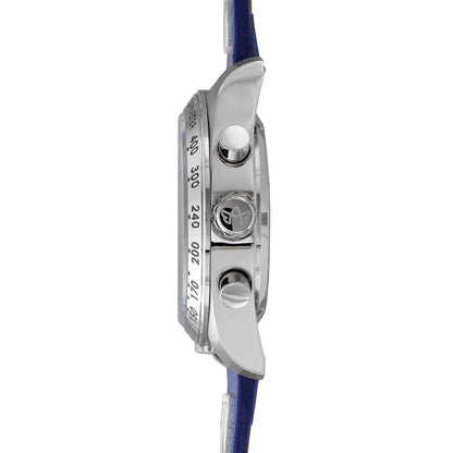 Side Profile of Jordan Women’s Pilot Watch with Cobra Blue Dial, Silver Stainless Steel Case, Chronograph Pushers, and Blue Leather Strap