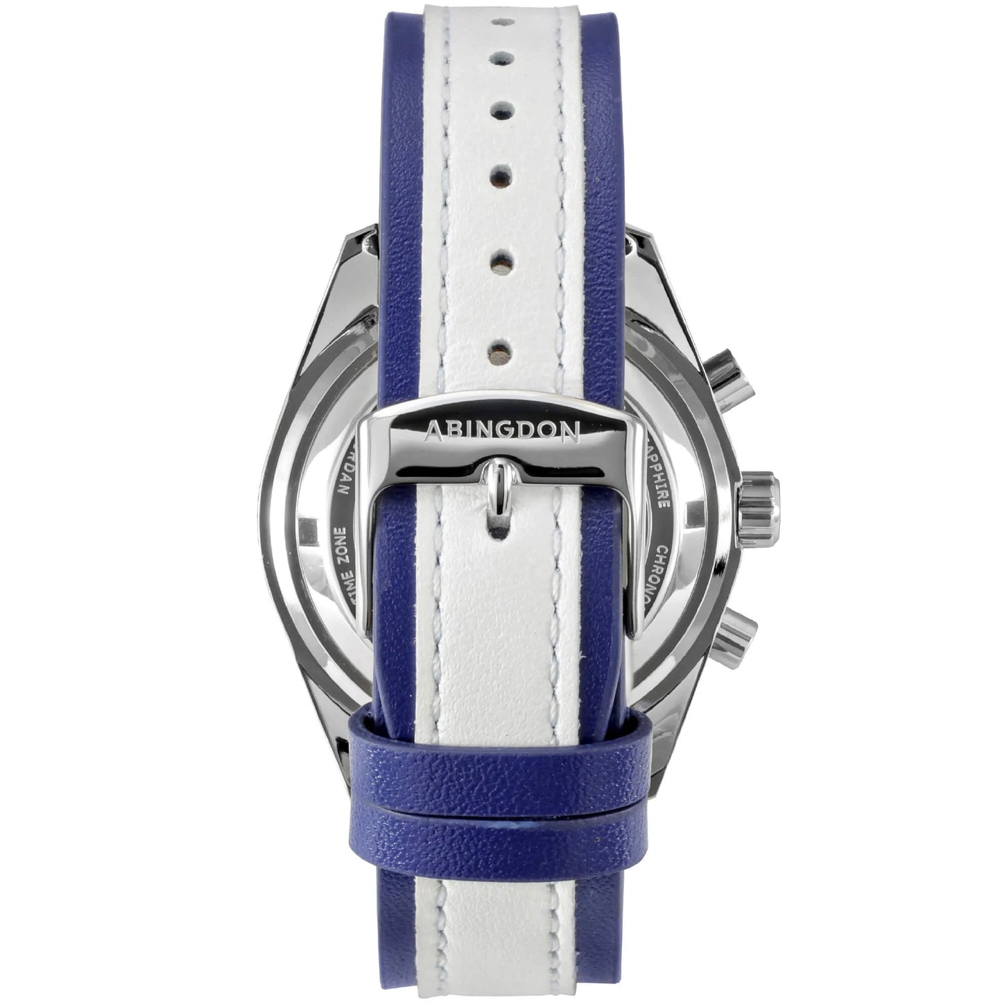 Back View of Jordan Women’s Pilot Watch with Blue and White Leather Strap, Stainless Steel Abingdon Buckle, and Silver Caseback