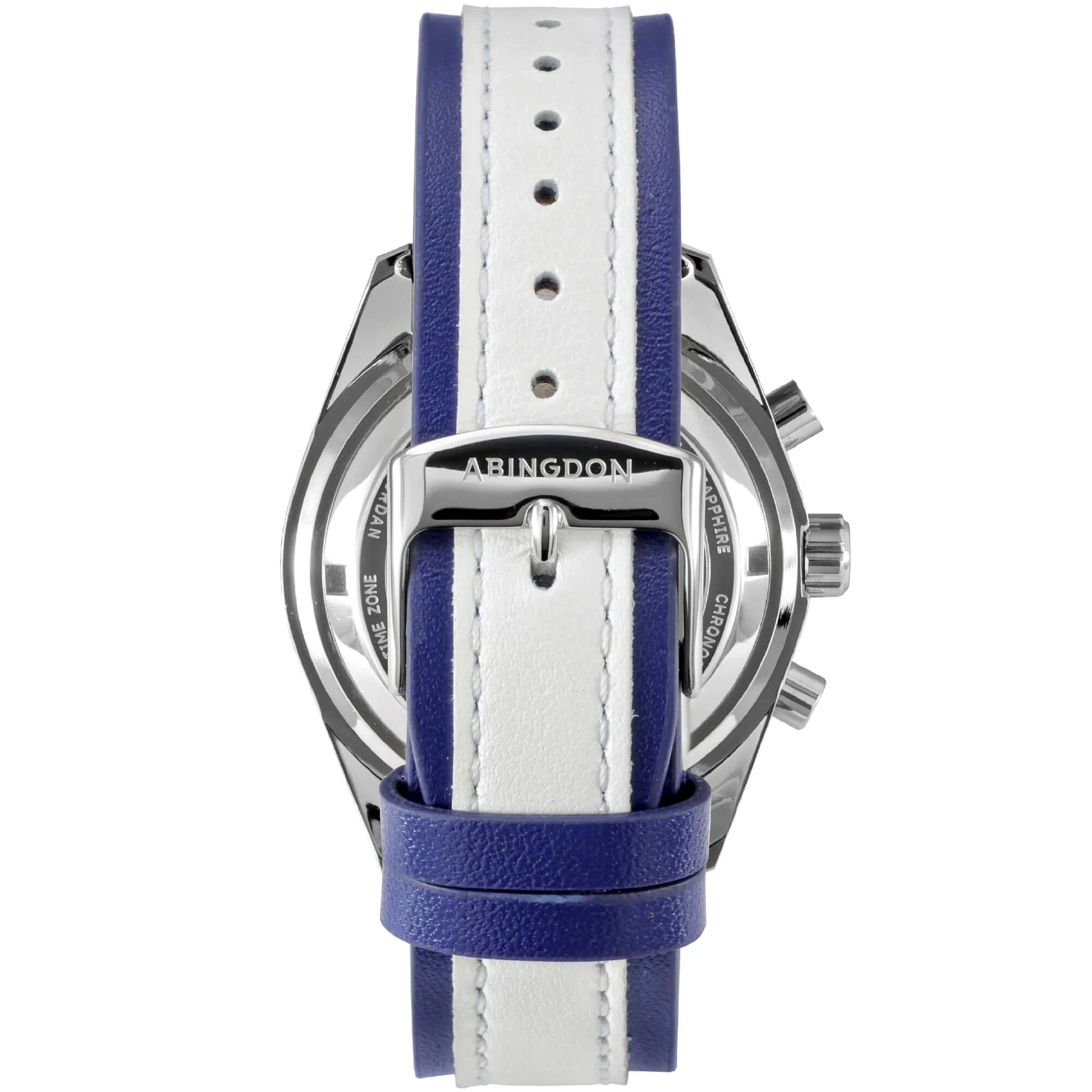 Back View of Jordan Women’s Pilot Watch with Blue and White Leather Strap, Stainless Steel Abingdon Buckle, and Silver Caseback