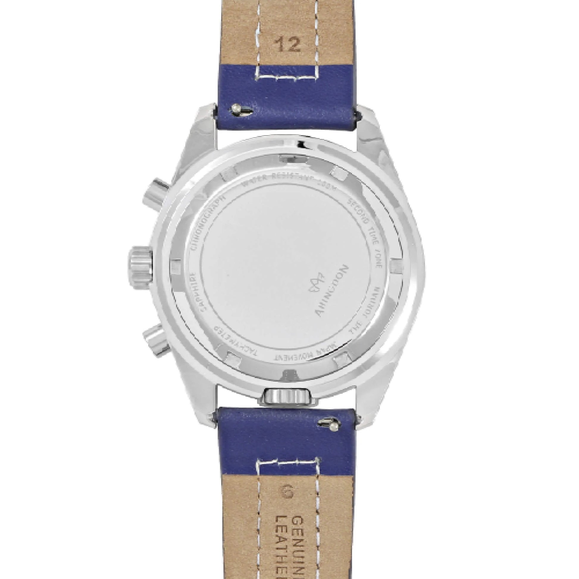 Caseback of Jordan Women’s Pilot Watch with Stainless Steel Back, Blue Leather Strap with White Stitching, and Genuine Leather Marking