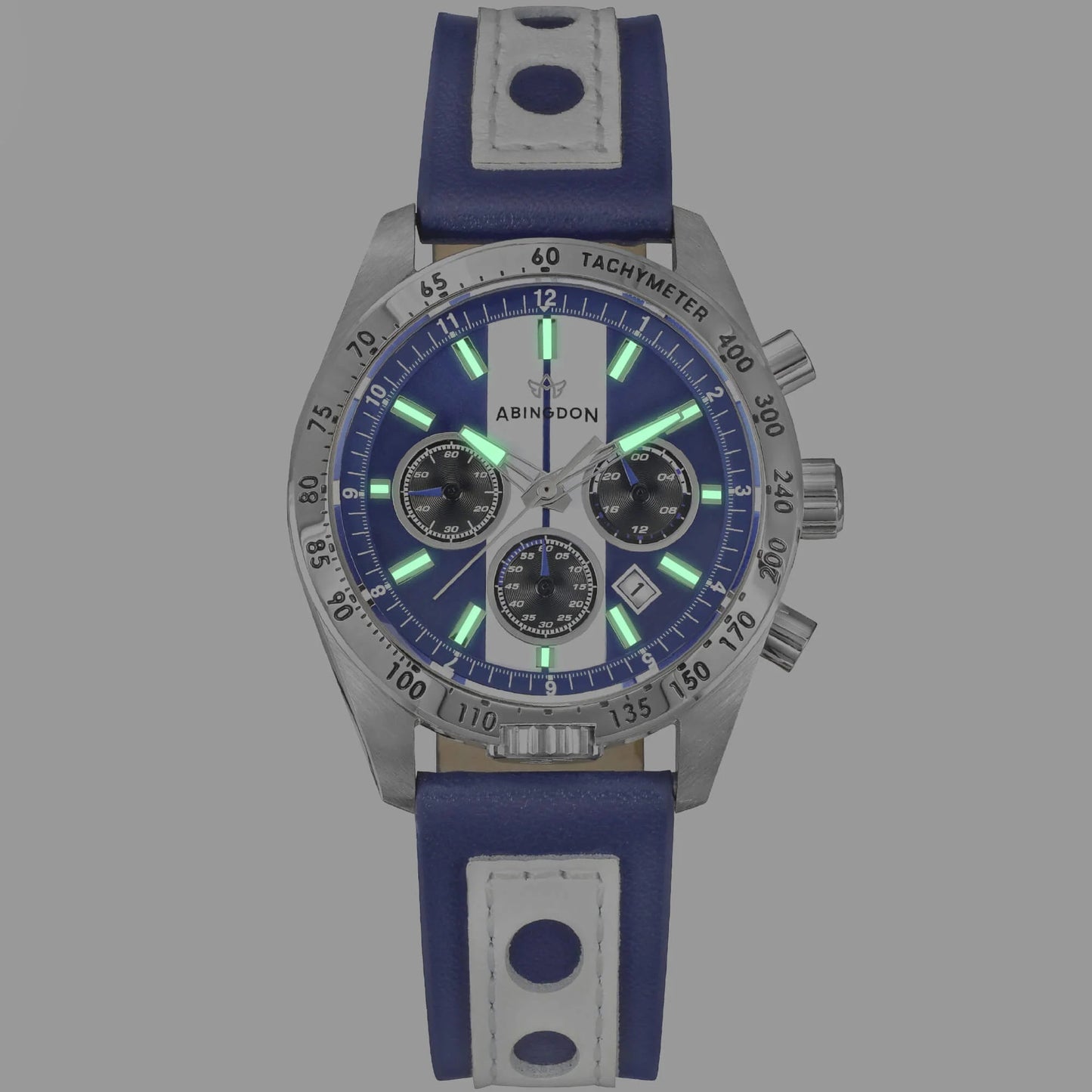Jordan Women’s Pilot Watch with Cobra Blue Dial and White Racing Stripe, Blue Leather Strap, Shown Illuminated with Super-Luminova Hands and Hour Markers