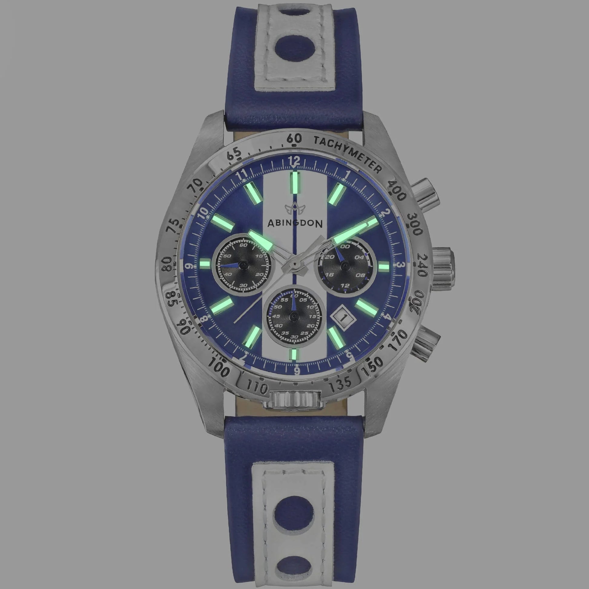 Jordan Women’s Pilot Watch with Cobra Blue Dial and White Racing Stripe, Blue Leather Strap, Shown Illuminated with Super-Luminova Hands and Hour Markers