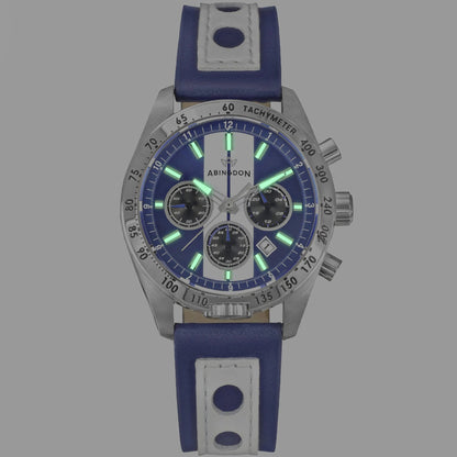 Jordan Women’s Pilot Watch with Cobra Blue Dial and White Racing Stripe, Blue Leather Strap, Shown Illuminated with Super-Luminova Hands and Hour Markers