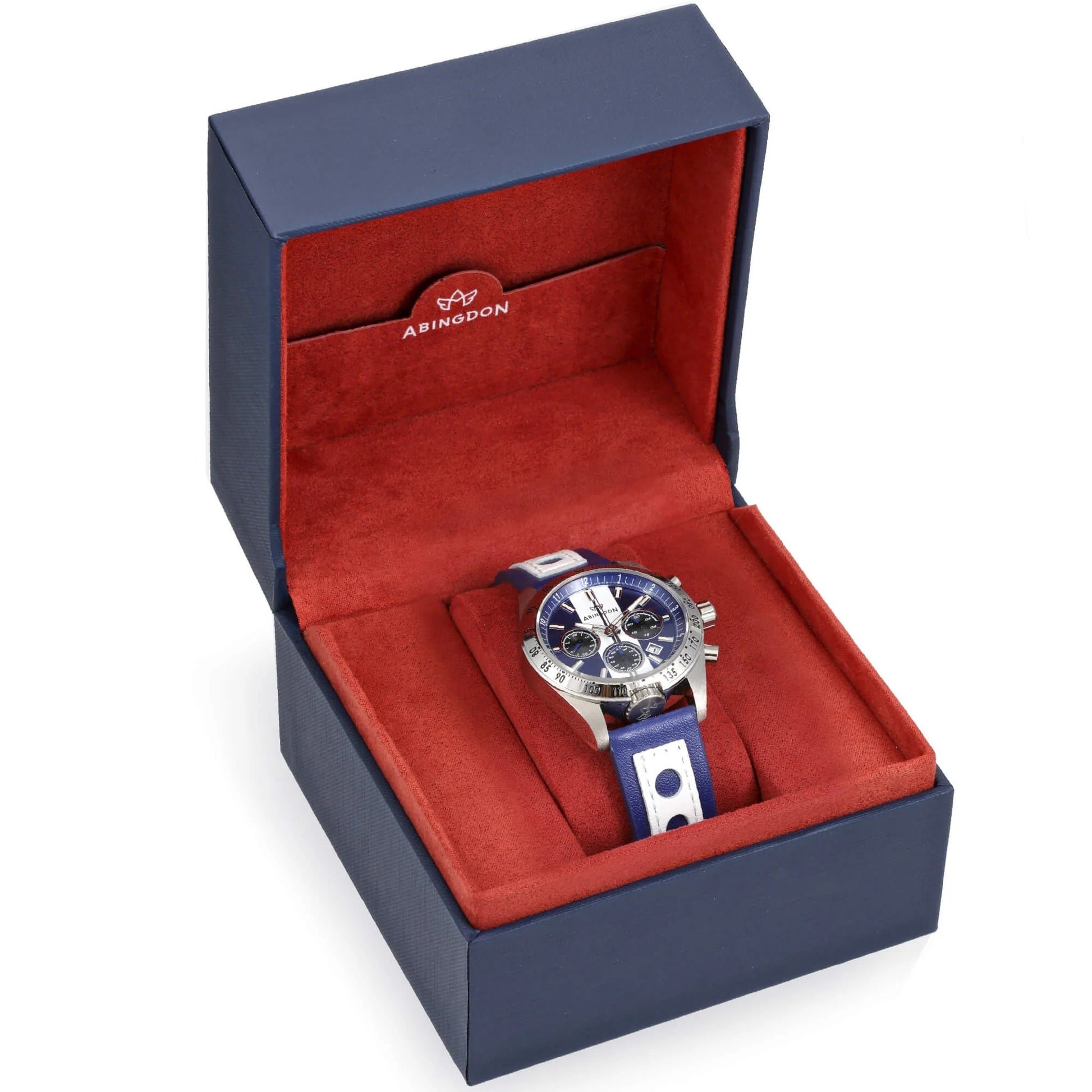 Jordan Women’s Pilot Watch with Cobra Blue Dial, White Racing Stripe, and Blue Leather Strap, Displayed in Abingdon Co. Navy Blue and Red Gift Box
