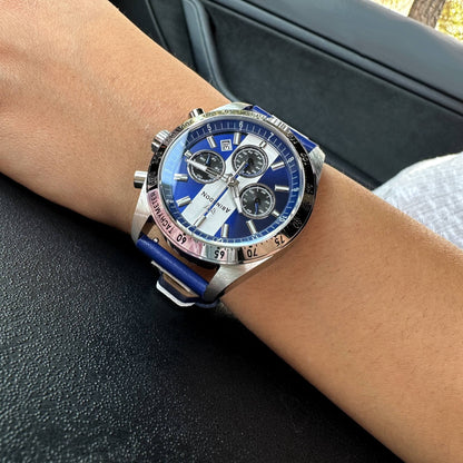 Jordan Women’s Pilot Watch with Cobra Blue Dial, White Racing Stripe, Blue Leather Strap, Shown on Wrist with Chronograph and Tachymeter Bezel