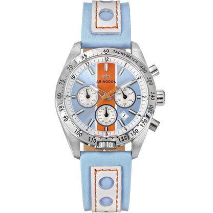 Jordan Women’s Pilot Watch with Gulfhawk Light Blue Dial, Orange Racing Stripe, Blue and White Leather Band, Chronograph Subdials, and Silver Tachymeter Bezel