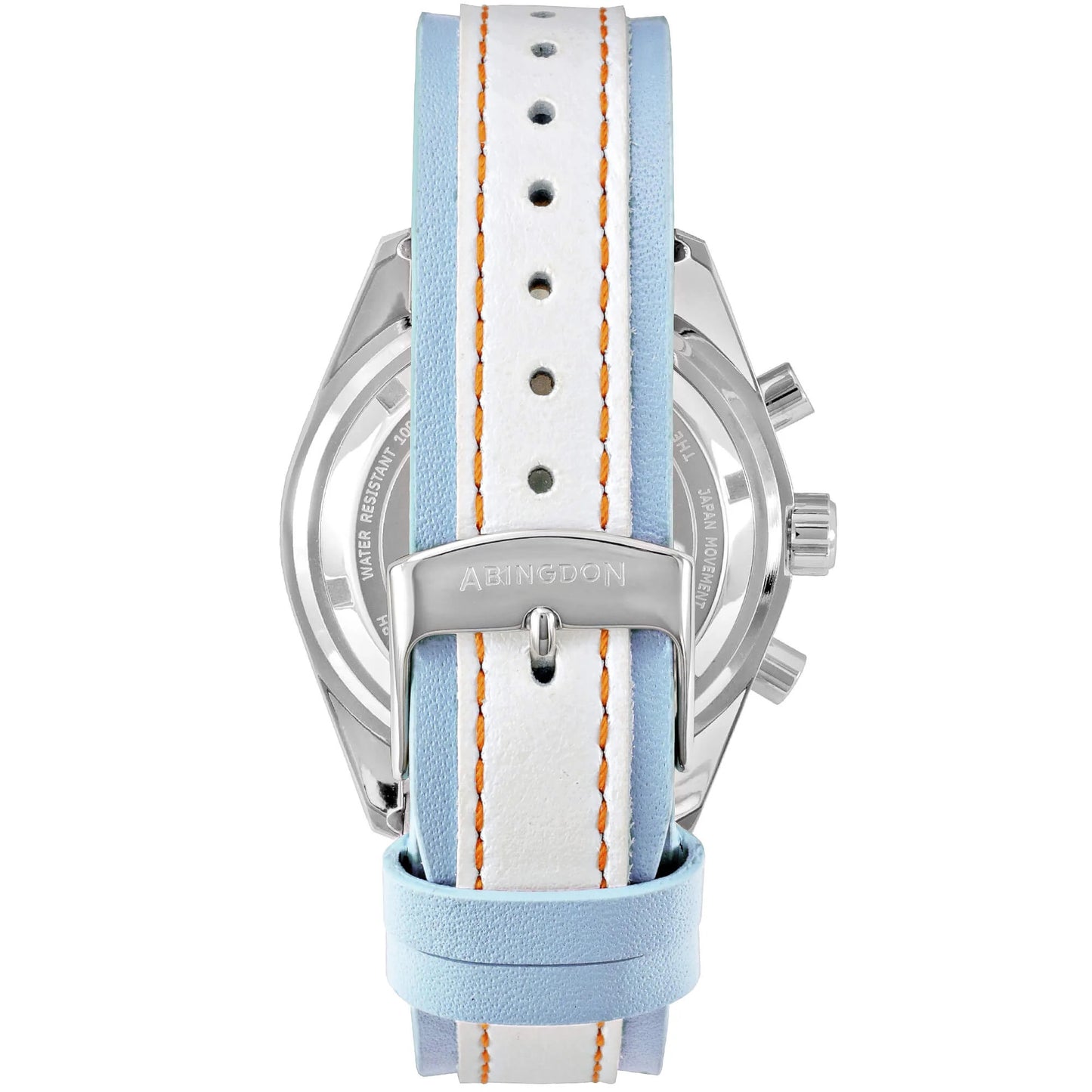 Back View of Jordan Women’s Pilot Watch with Gulfhawk Blue and White Leather Strap, Orange Stitching, and Stainless Steel Abingdon Buckle Clasp