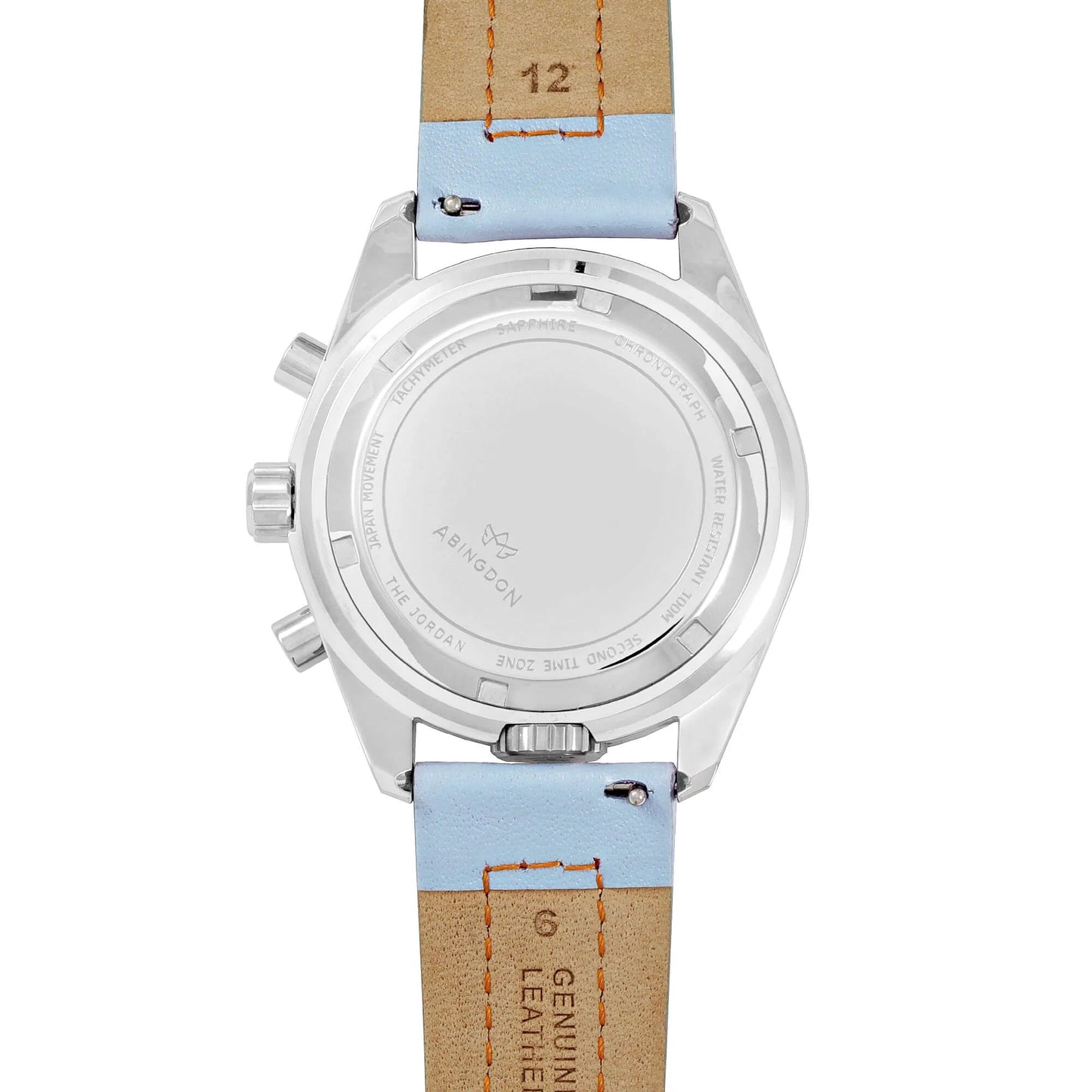 Caseback of Jordan Women’s Pilot Watch with Stainless Steel Back, Gulfhawk Blue Leather Strap with Orange Stitching, and Genuine Leather Marking