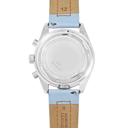Caseback of Jordan Women’s Pilot Watch with Stainless Steel Back, Gulfhawk Blue Leather Strap with Orange Stitching, and Genuine Leather Marking