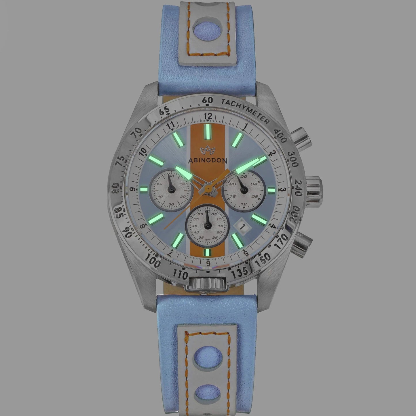 Jordan Women’s Pilot Watch with Gulfhawk Light Blue Dial and Orange Racing Stripe, Blue Leather Strap, Shown Illuminated with Super-Luminova Hands and Hour Markers