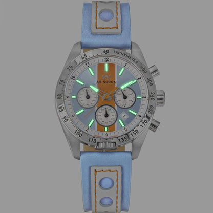Jordan Women’s Pilot Watch with Gulfhawk Light Blue Dial and Orange Racing Stripe, Blue Leather Strap, Shown Illuminated with Super-Luminova Hands and Hour Markers
