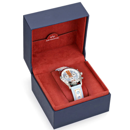 Jordan Women’s Pilot Watch with Gulfhawk Light Blue Dial, Orange Racing Stripe, and Blue Leather Strap, Displayed in Abingdon Co. Navy Blue and Red Gift Box